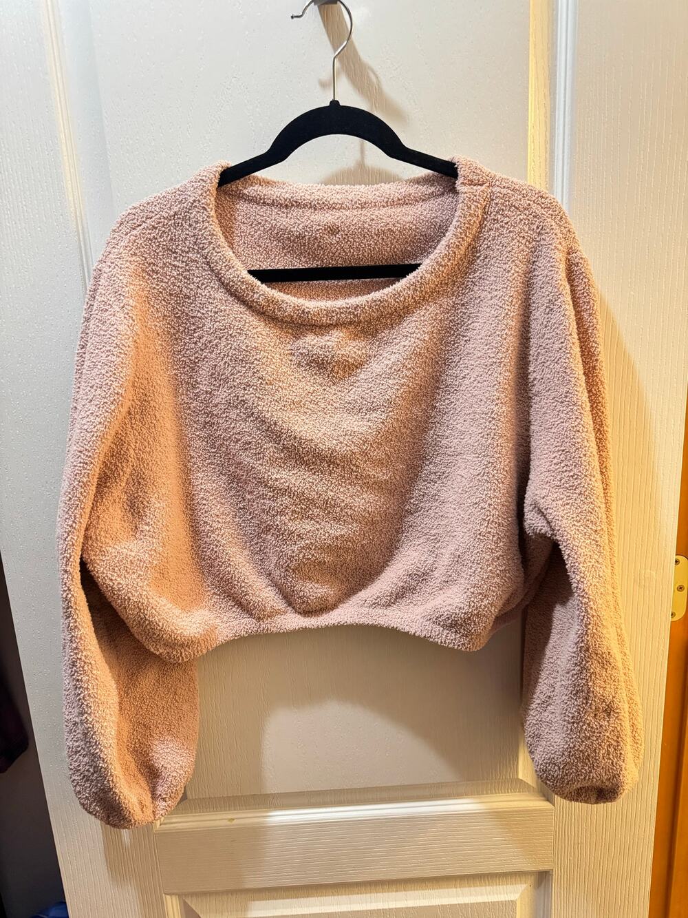 BuffBunny Collection XL Teddy Cropped Pullover Taupe Fuzzy Boat Neck Sweater